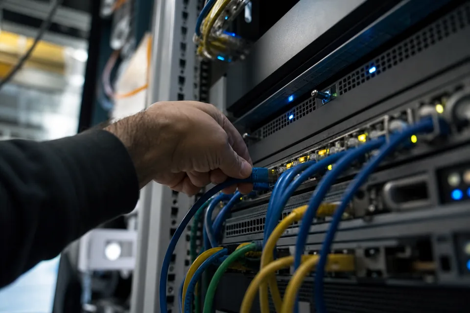 Server rack patch panel with several cables plugged into separate ports
