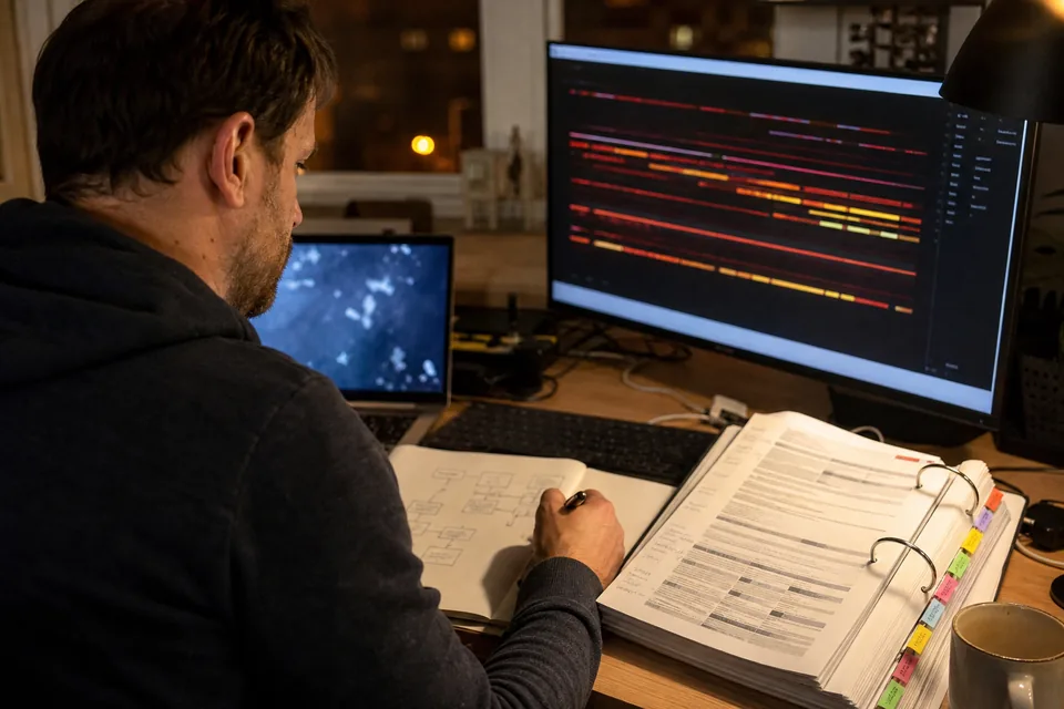 Data platform lead reviewing a pipeline alert next to a printed catalog glossary