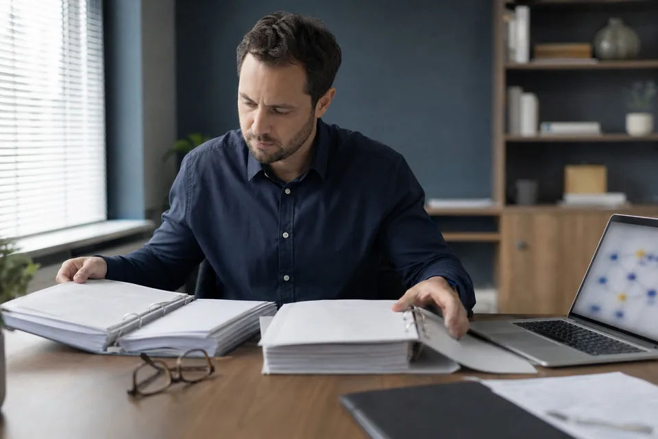 Data governance lead comparing vendor contracts next to a laptop
