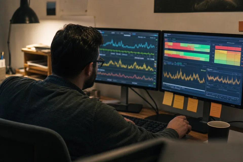 Data engineer comparing two monitoring dashboards on side by side screens