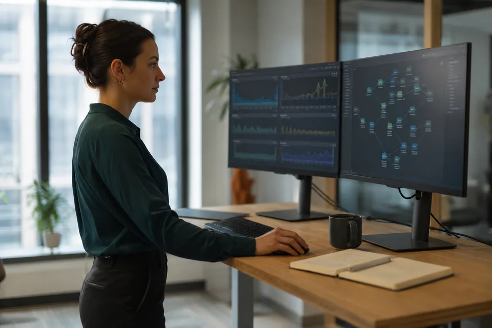 Data engineer reviewing warehouse freshness and row-count charts on two monitors